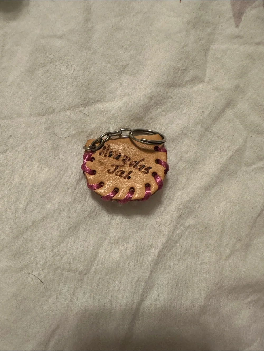 Handcrafted Tan Leather Mini Purse Keychain with Pink Accents